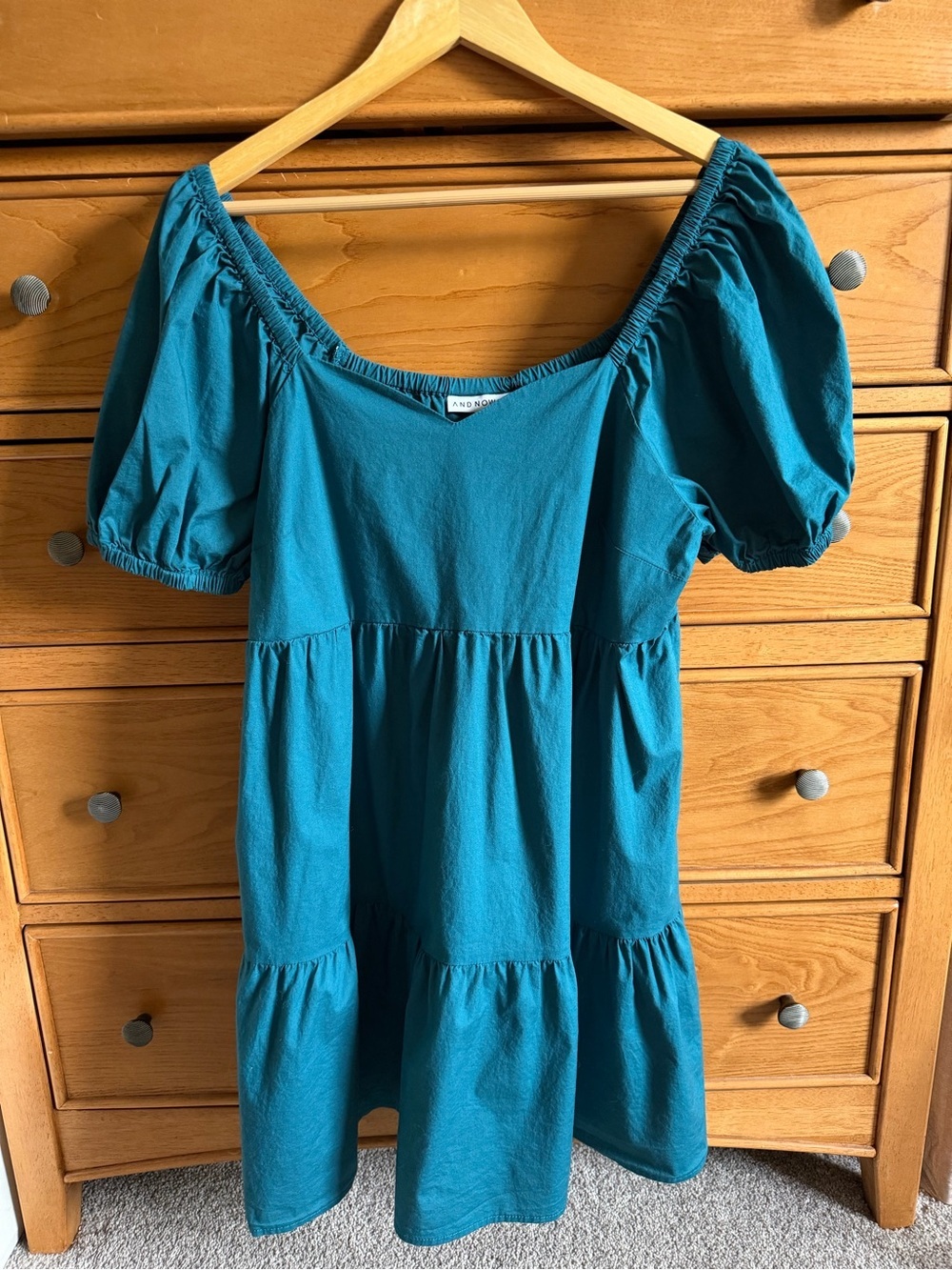 And Now This Babydoll Dress Short Puff Sleeves Tiered Skirt Teal Womens Size L
